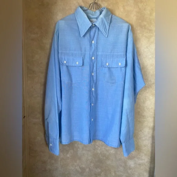 Vintage Kmart Permanent Press Double Pocket Button Front Shirt Lite Blue 70s 80s - Picture 1 of 7